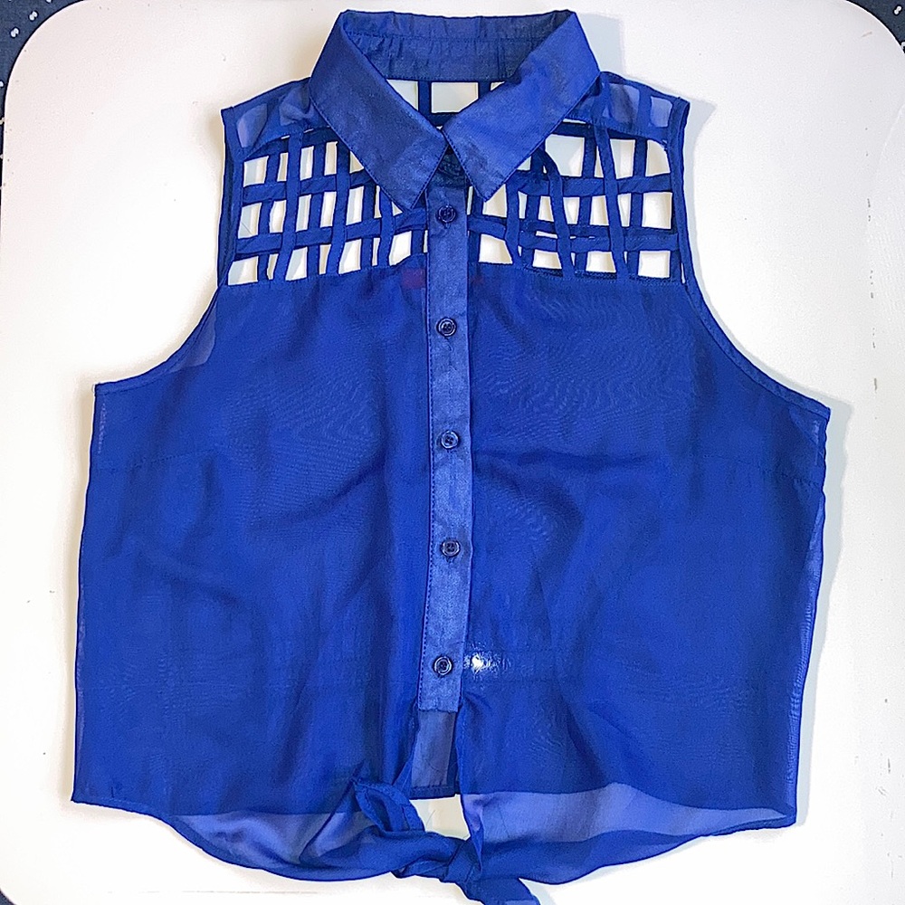 Krazy Kitty Blue Cropped Button-Down Collared Sleeveless Blouse | Front Wrap | S